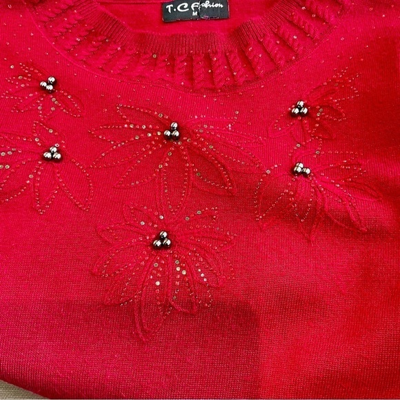 Vintage Sweater Beaded Red Cotton Tiny Sequins & Silver Balls (M) - Picture 4 of 8